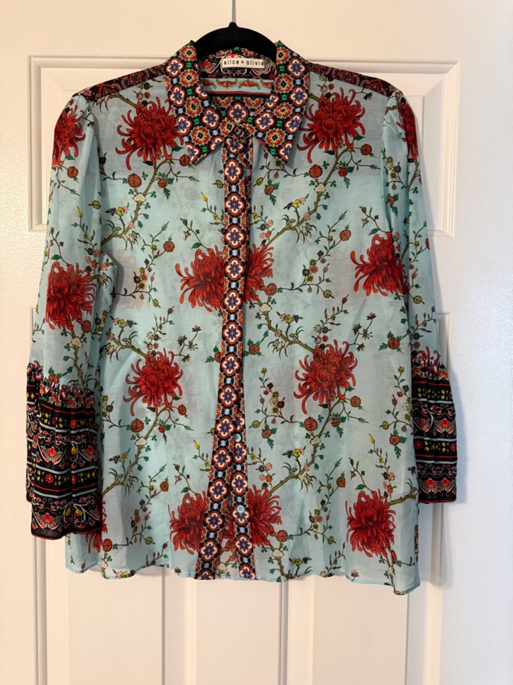 Alice + Olivia Light Blue Button-Down Blouse with Red Floral Print